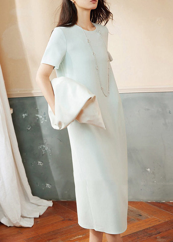 Brief White O-Neck Patchwork Pockets Long Dresses Short Sleeve