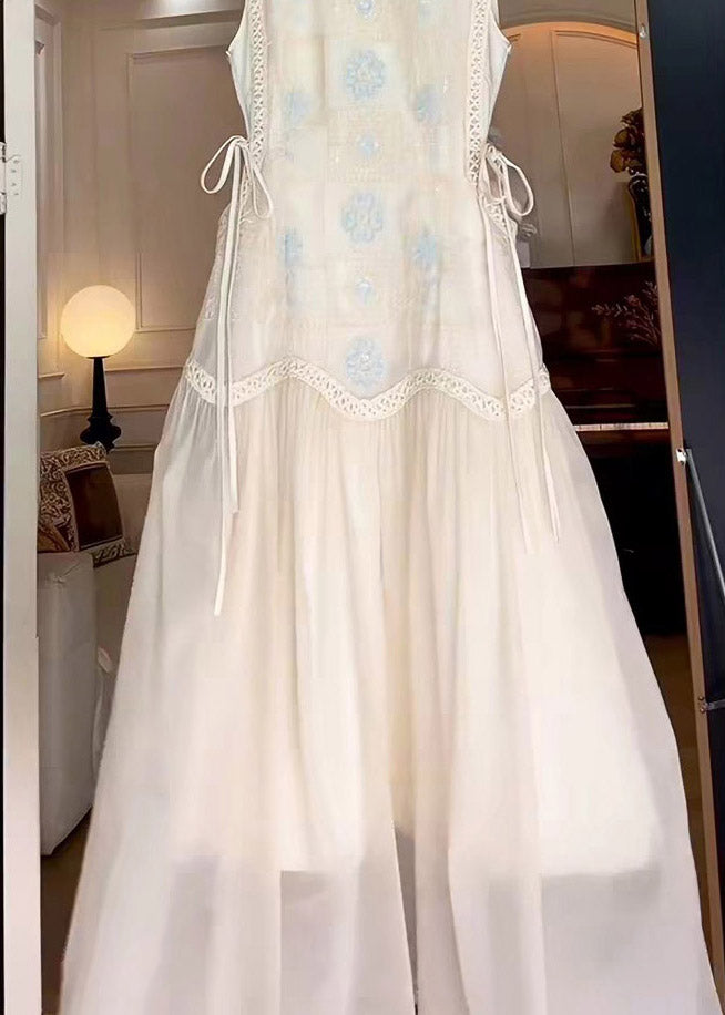 Brief White O-Neck Print Tie Waist Maxi Dress Sleeveless