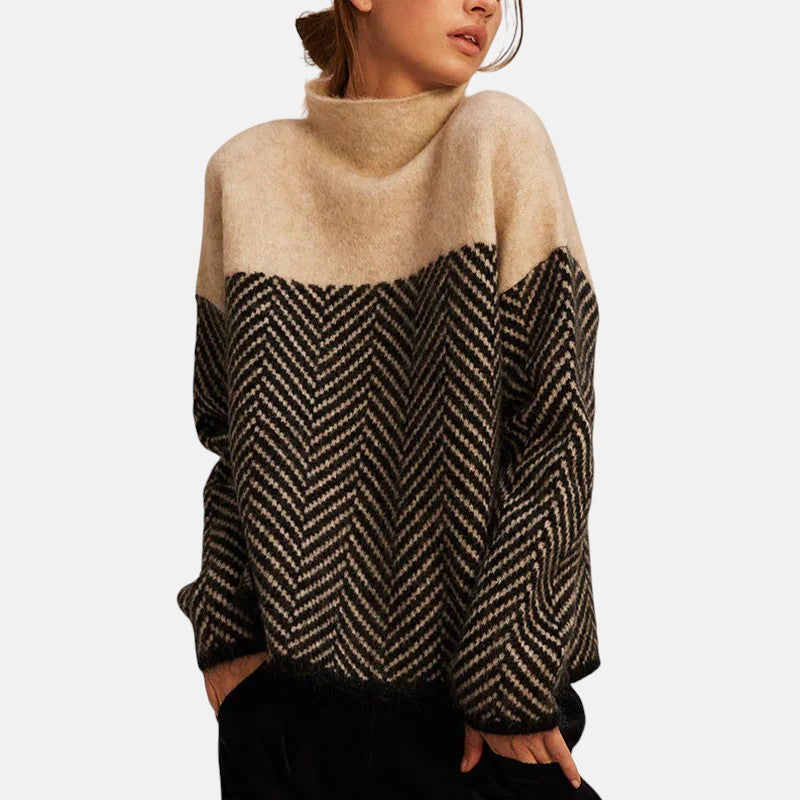 Turtleneck Herringbone Colorblock Long Sleeve Oversized Knit Sweater