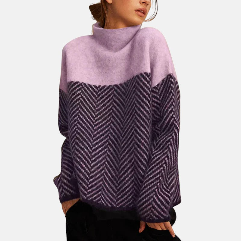 Turtleneck Herringbone Colorblock Long Sleeve Oversized Knit Sweater