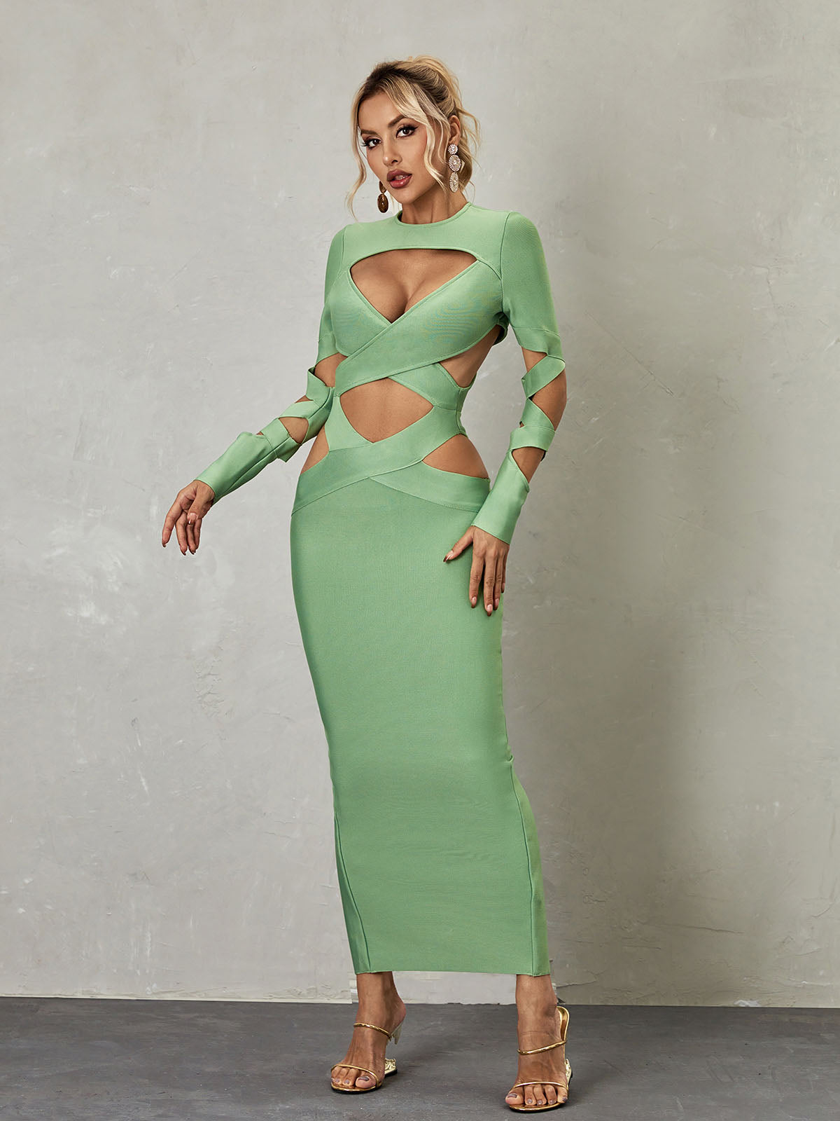 High Neck Long Sleeve Crisscross Cutout Bandage Bodycon Maxi Dress