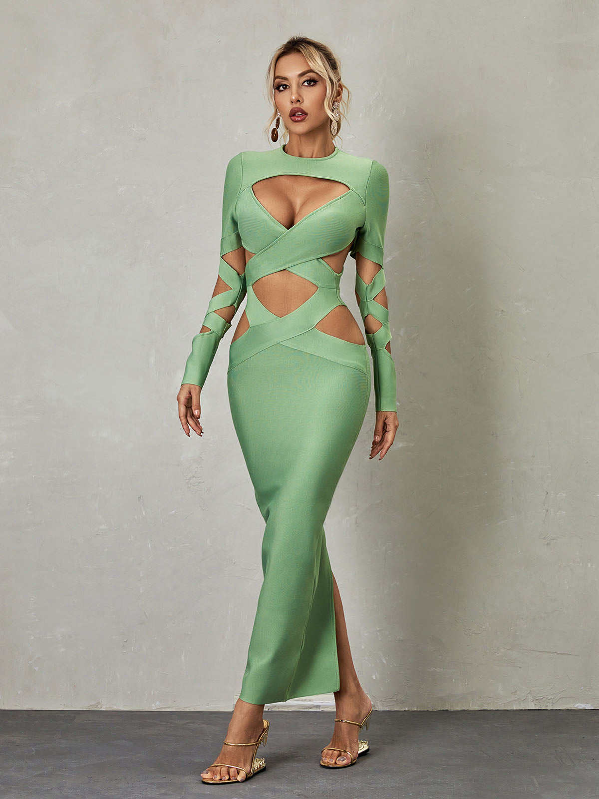 High Neck Long Sleeve Crisscross Cutout Bandage Bodycon Maxi Dress
