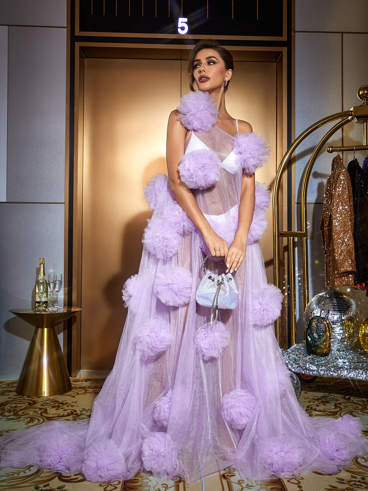 One Shoulder Tulle Pom Pom Rosette Sheer A-Line Maxi Gown