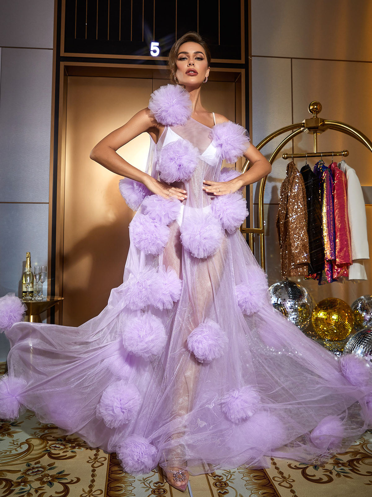 One Shoulder Tulle Pom Pom Rosette Sheer A-Line Maxi Gown
