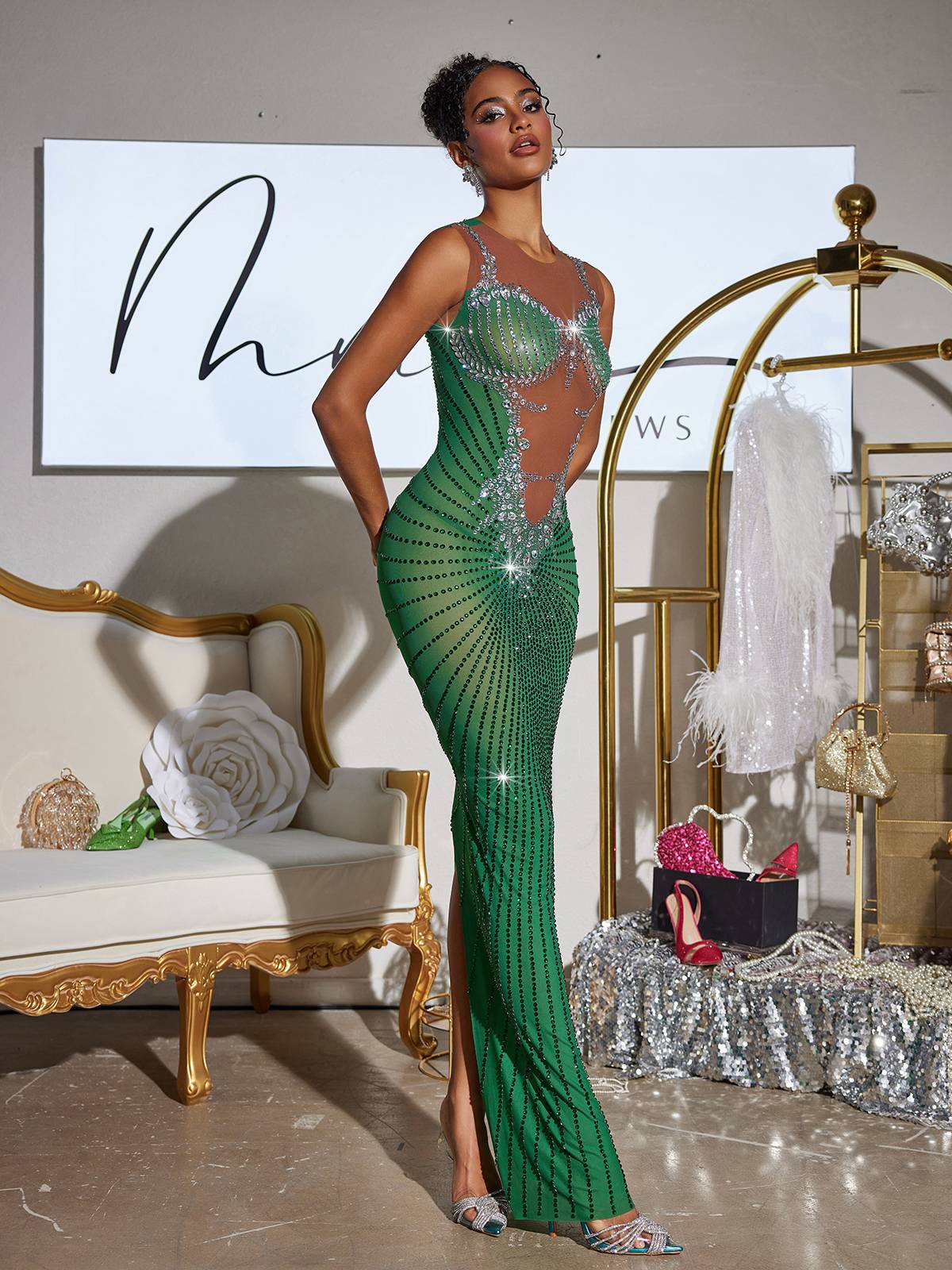 Printed Rhinestone Split Maxi Dress In Green