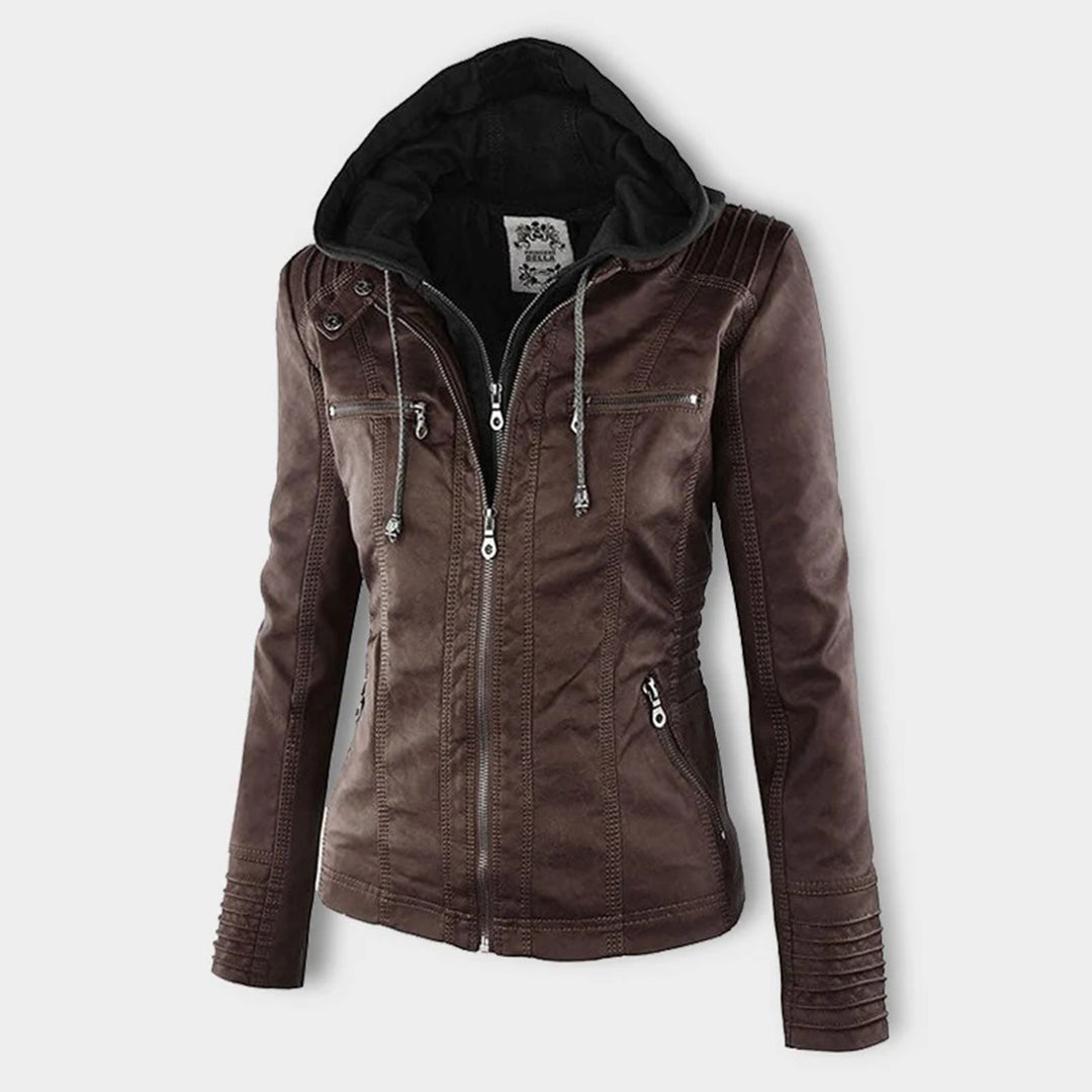 Hooded Zip Front Faux Leather Moto Biker Jacket