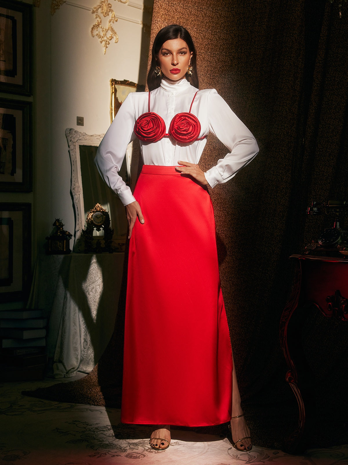 Flower Satin Skirt Three Piece Set