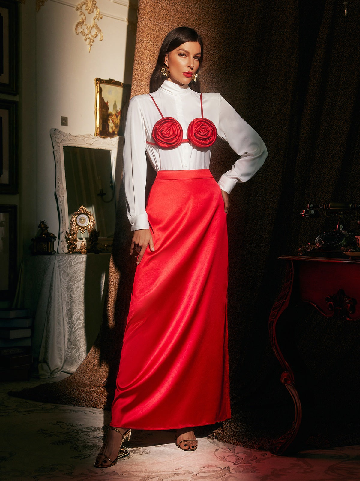 Flower Satin Skirt Three Piece Set