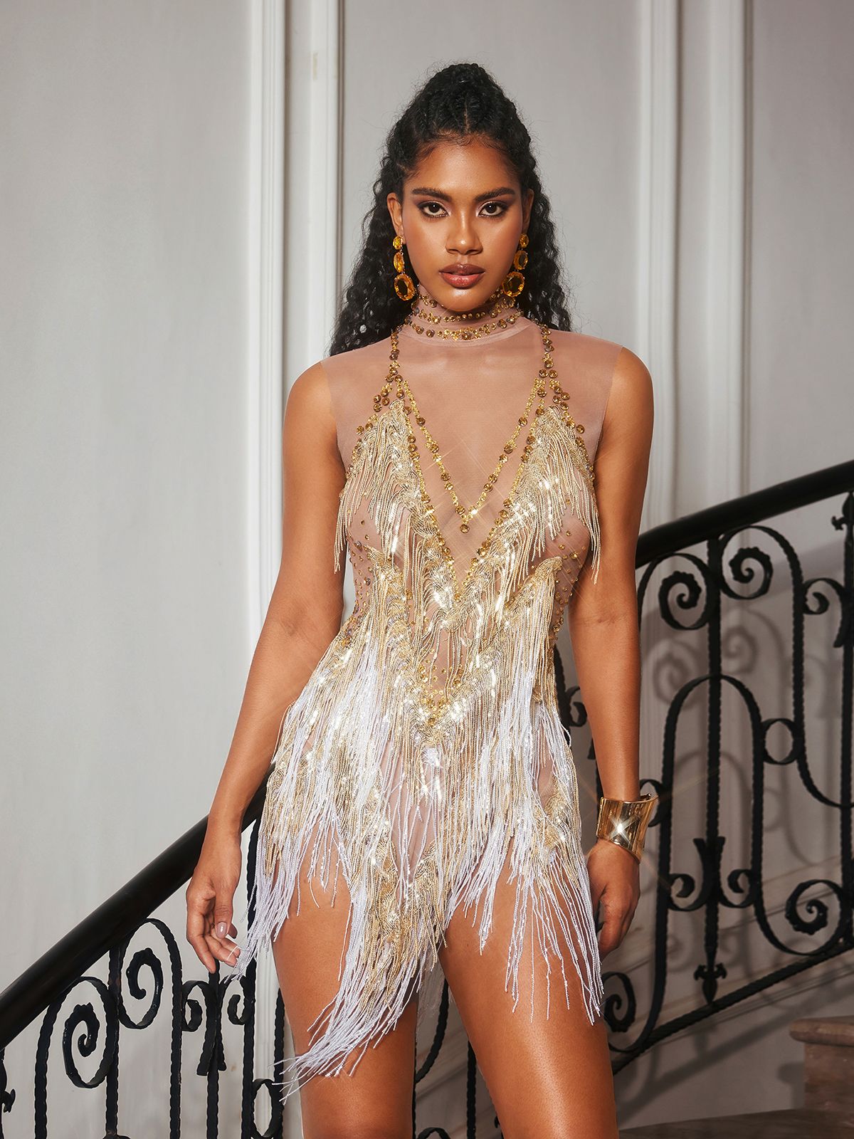 Rhinestone Fringe Mesh Mini Bodysuit In Gold