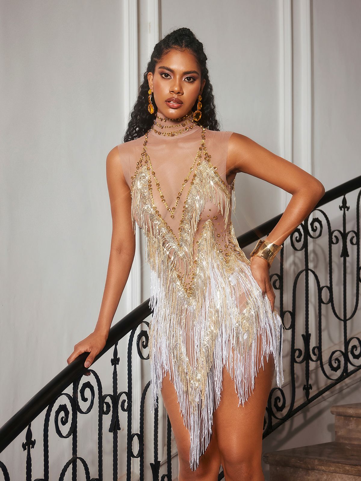 Rhinestone Fringe Mesh Mini Bodysuit In Gold