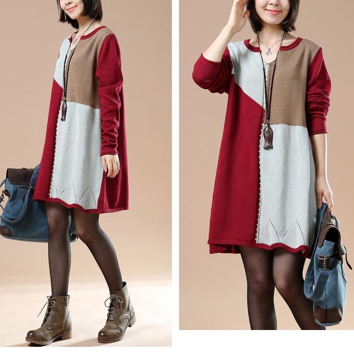 Burgundy color blocks sweaters knit dress