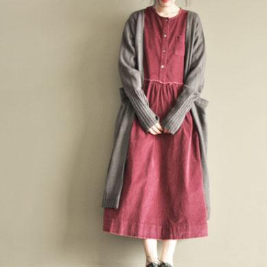 Burgundy corduroy casual maxi dress three quarter sleeve dress