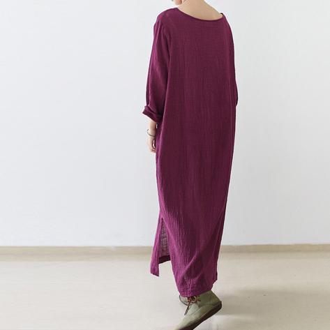 Burgundy long sleeve linen dresses fall winter linen clothing