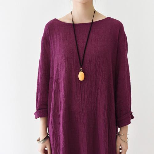 Burgundy long sleeve linen dresses fall winter linen clothing