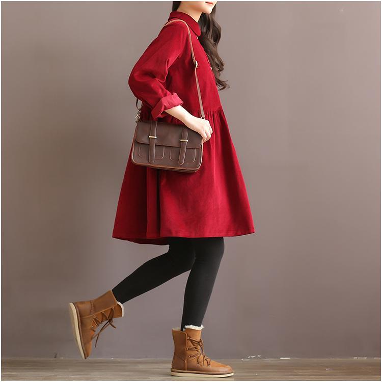 Burgundy retro corduroy dress elegant plus size cotton dresses oversize blouse