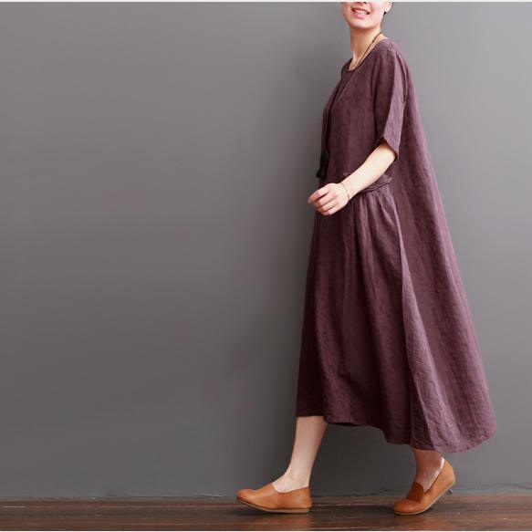 Burgundy summer linen dresses short sleeve maxi dress oversize