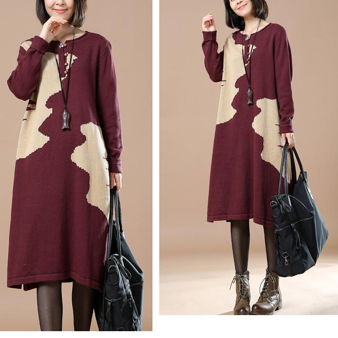 Burgundy woman sweaters winter knit dresses floral