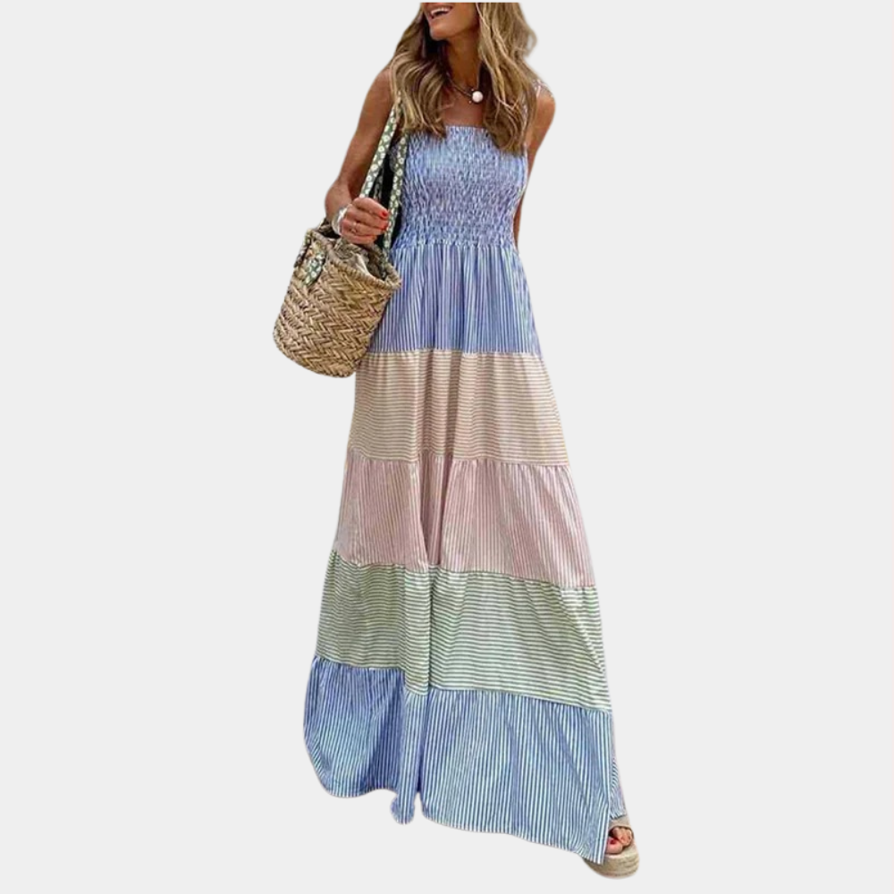 Smocked Square Neck Tie Shoulder Vertical Stripe Tiered Midi Dress 2