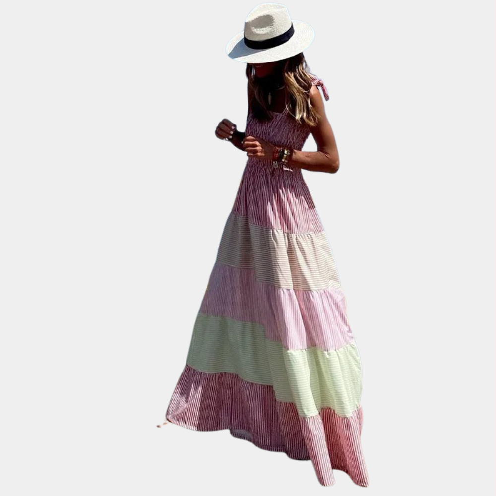 Smocked Square Neck Tie Shoulder Vertical Stripe Tiered Midi Dress 5