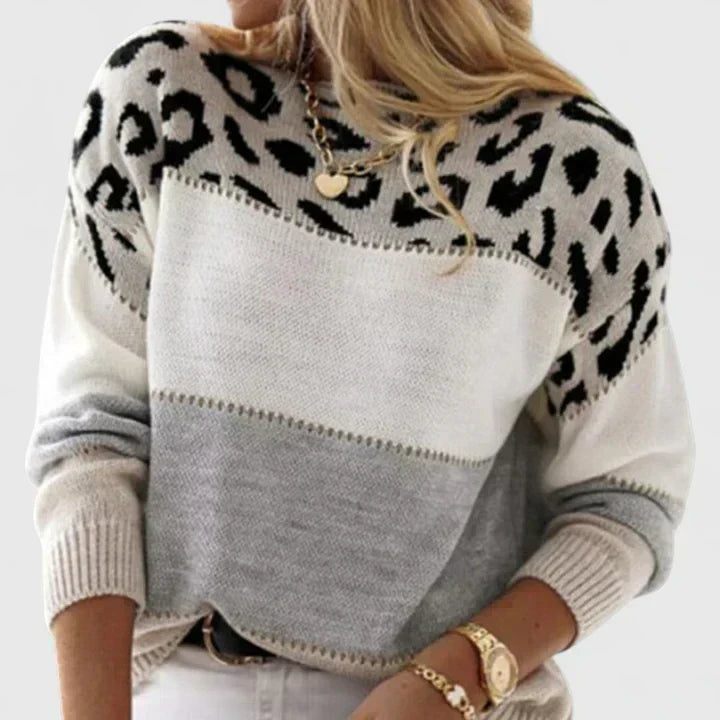 Round Neck Leopard Color Block Knit Long Sleeve Sweater 5