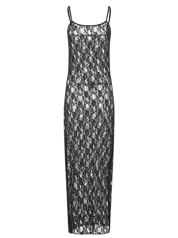 Lace Floral Mesh See Through Summer Beach Cover Ups Women Sleeveless Strap Solid Slim Vestidos