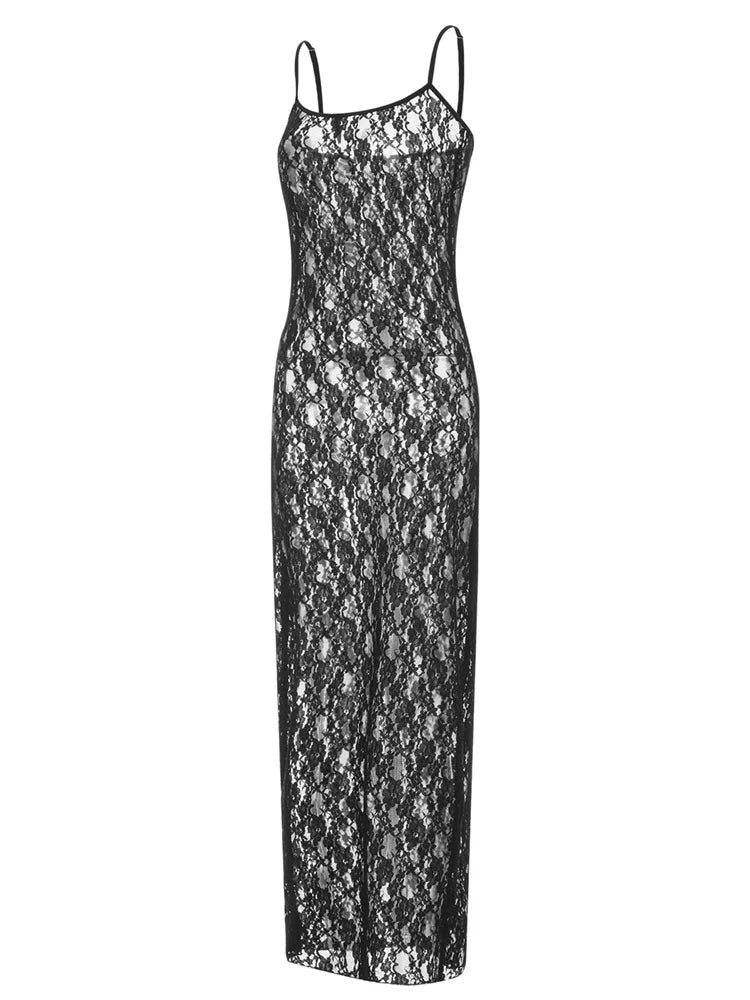 Lace Floral Mesh See Through Summer Beach Cover Ups Women Sleeveless Strap Solid Slim Vestidos
