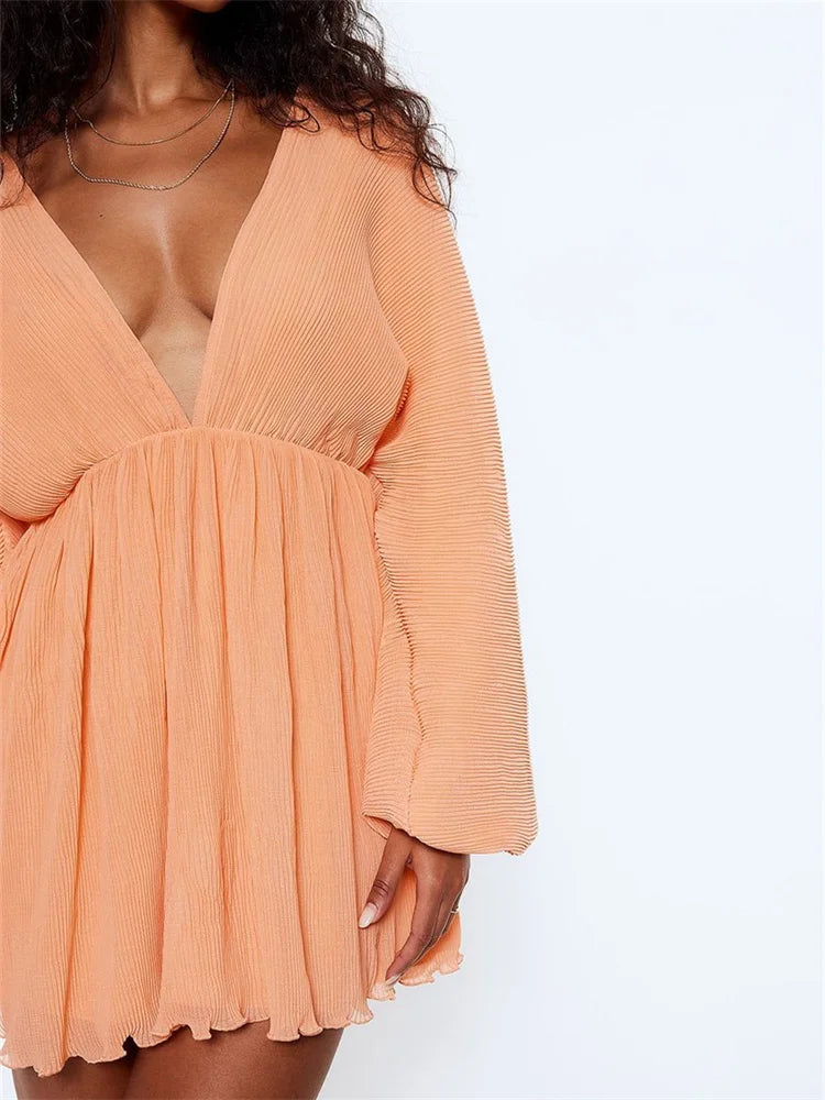 Autumn Long Sleeve Deep Vneck Party Mini Dresses
