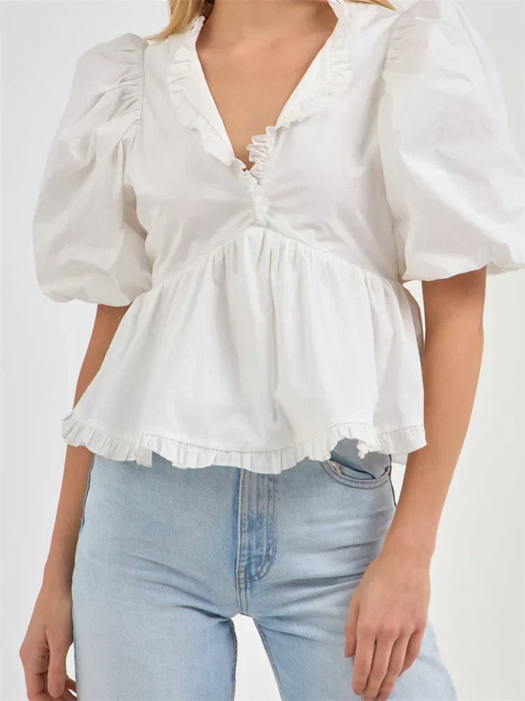 Puff Sleeve Ruffle Trim V-neck Blouse white / S blouse-250223