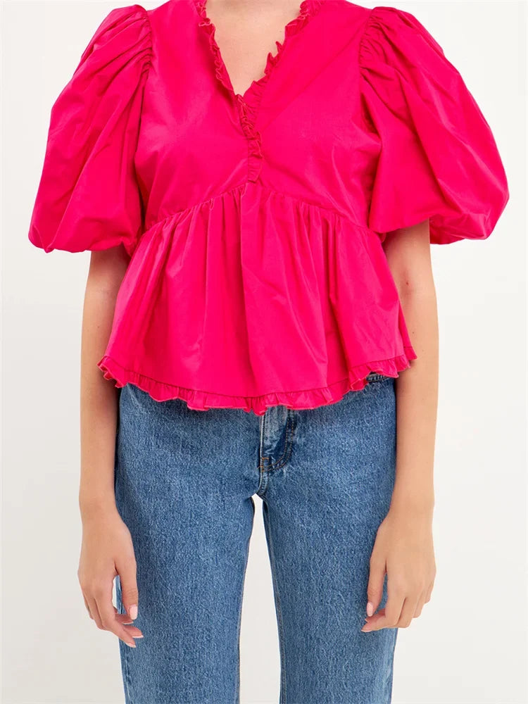 Puff Sleeve Ruffle Trim V-neck Blouse rose red / S blouse-250223