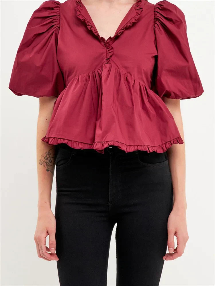 Puff Sleeve Ruffle Trim V-neck Blouse dark red / S blouse-250223