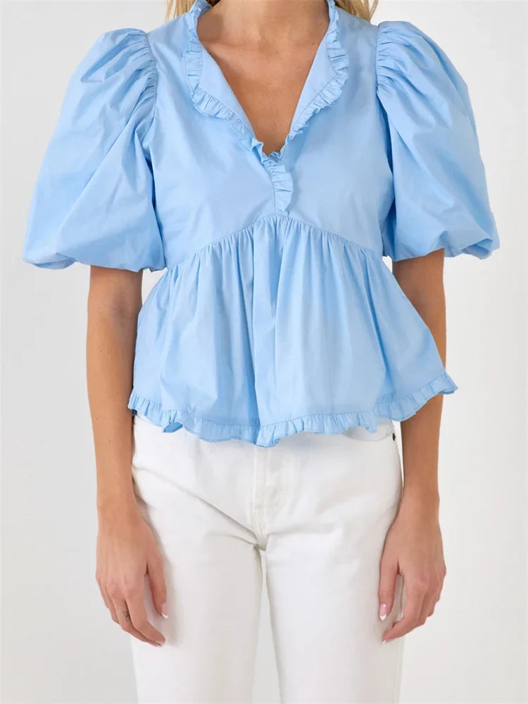 Puff Sleeve Ruffle Trim V-neck Blouse blue / S blouse-250223