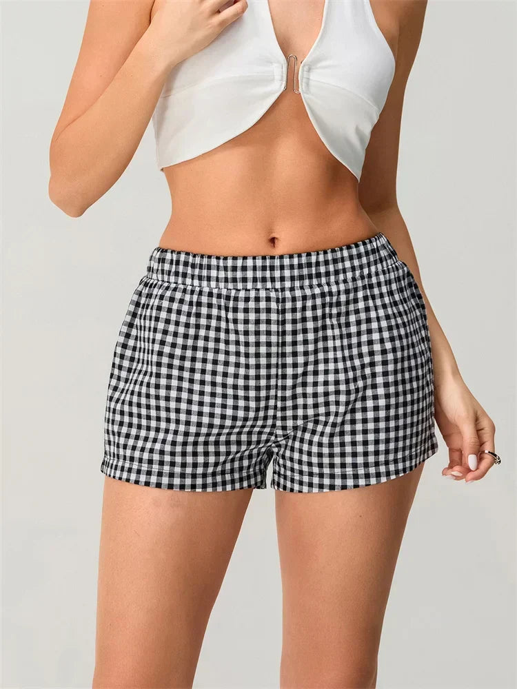 Plaid Elastic Waist Loose Short