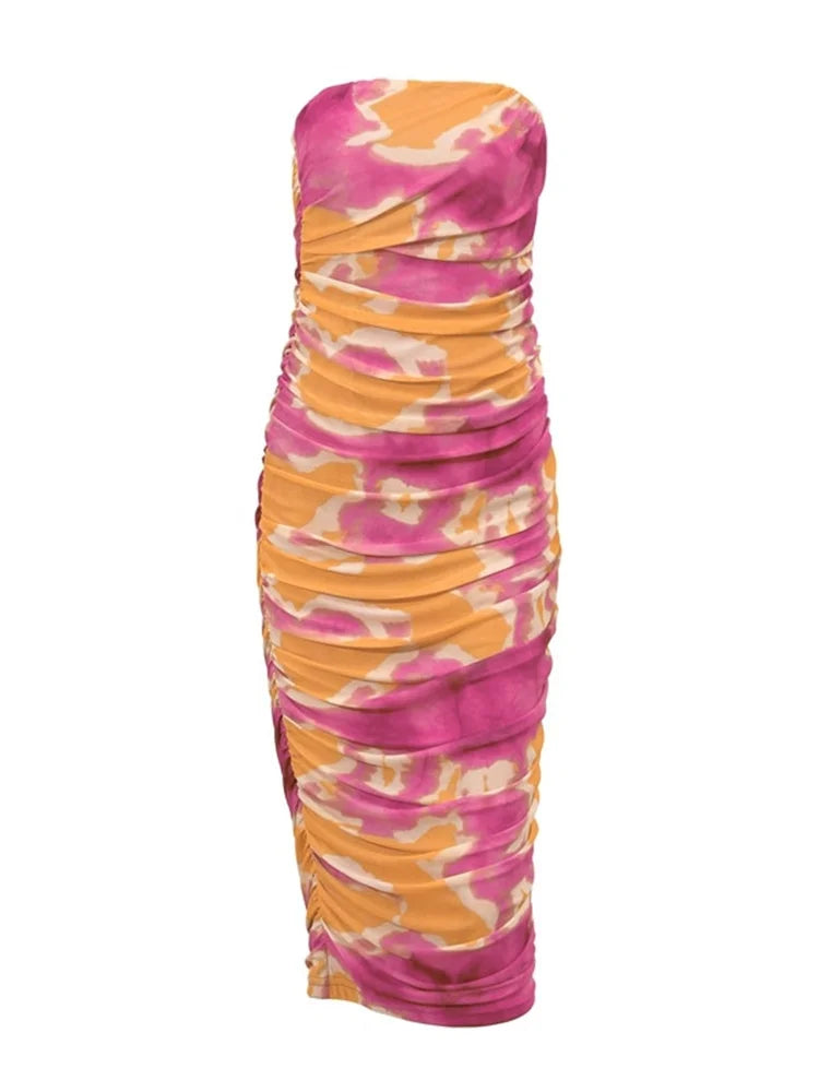 Irregular Tie Dyeing Print Tube for Women Summer Beach Party Clubwear Strapless Off Shoulder Ruched Dress