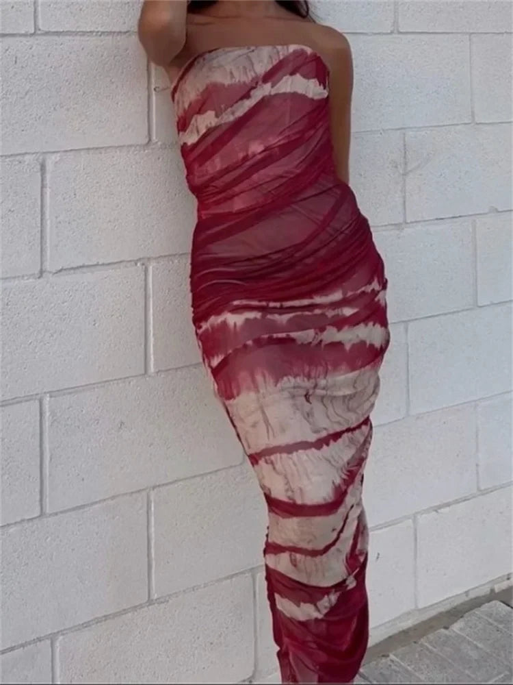 Irregular Tie Dyeing Print Tube For Women Summer Beach Party Clubwear Strapless Off Shoulder Ruched