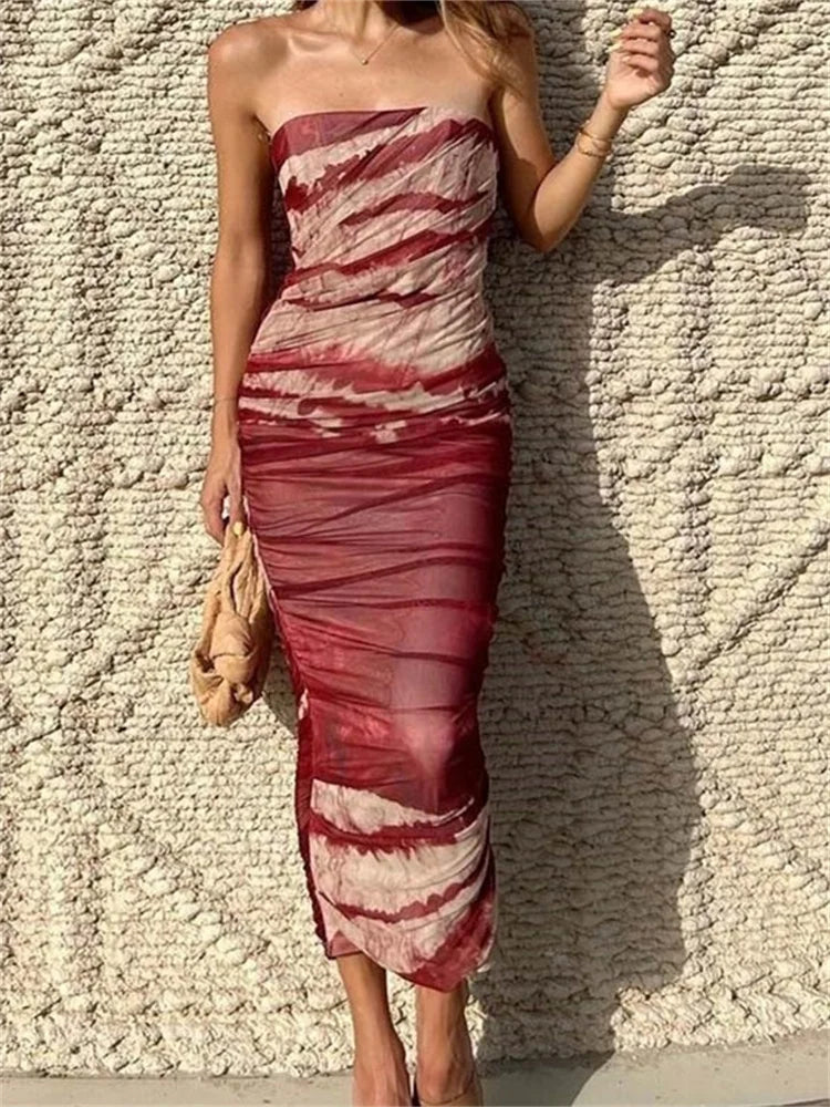 Irregular Tie Dyeing Print Tube for Women Summer Beach Party Clubwear Strapless Off Shoulder Ruched Dress