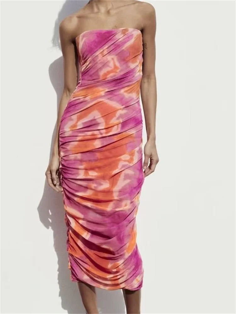 Irregular Tie Dyeing Print Tube For Women Summer Beach Party Clubwear Strapless Off Shoulder Ruched