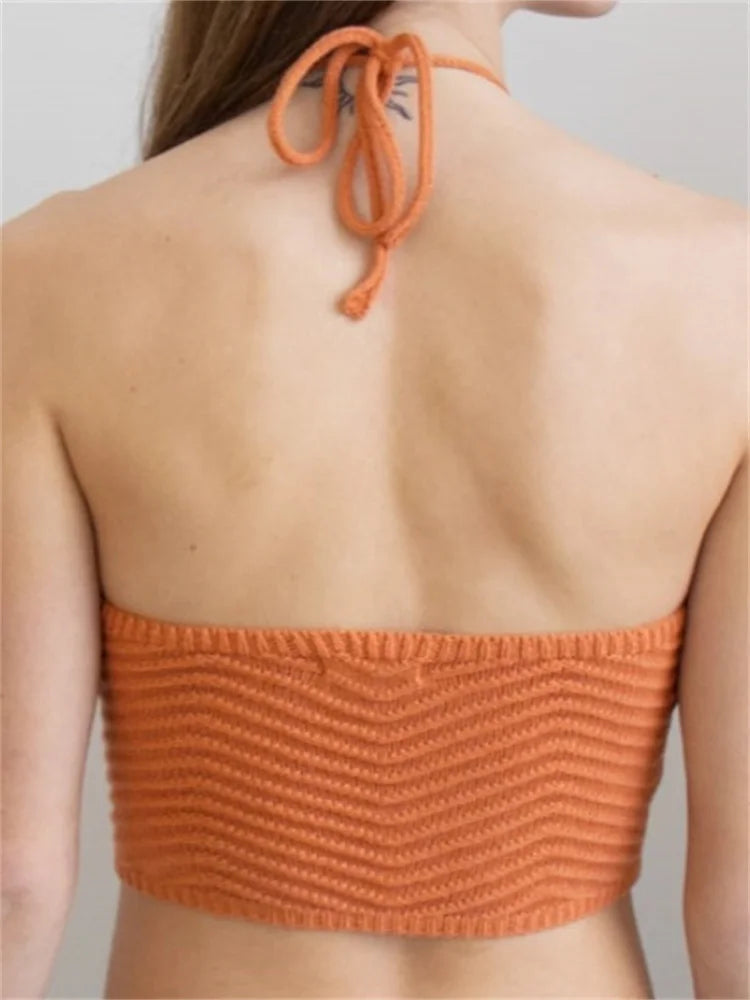 Knitted Ribbed Mini Vest Top for Women Summer Streetwear Sleeveless Halter Laceup Backless Off Shoulder Cropped Crop Top
