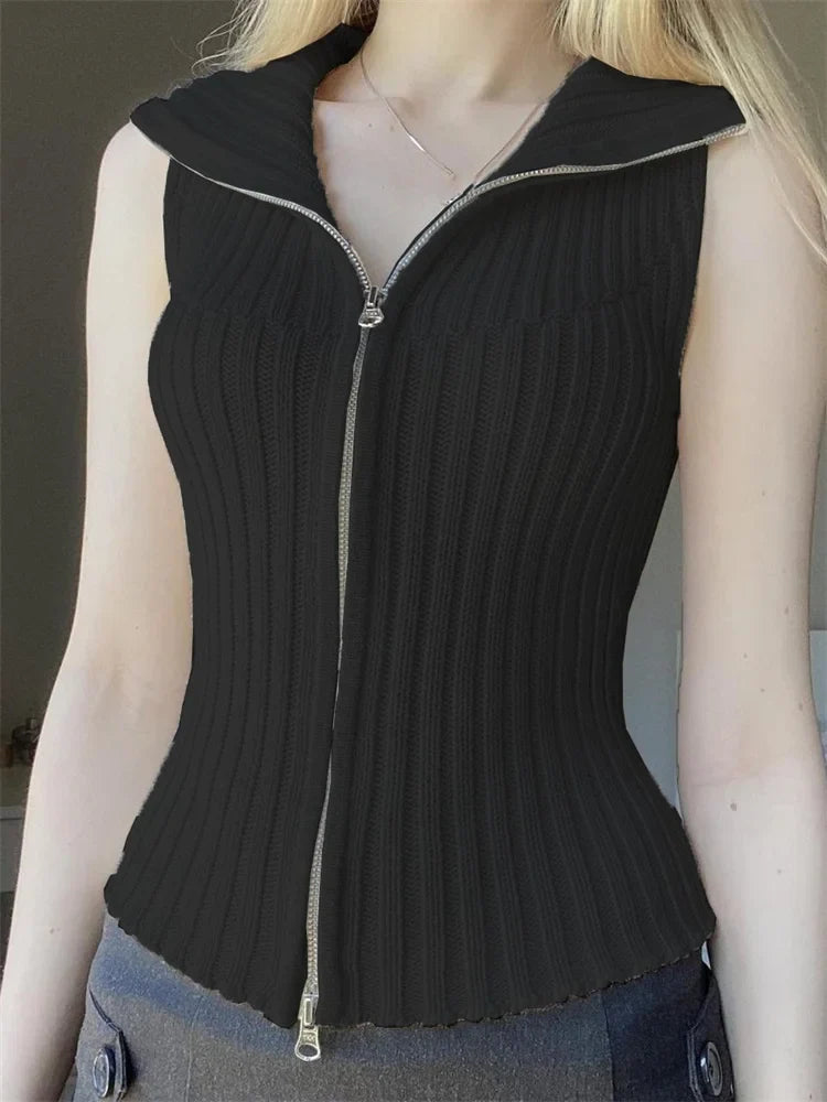 Knitted Ribbed Slim Fit for Women Summer Party Clubwear Front Zipup Sleeveless Aesthetic Grunge Mini Vest Crop Top