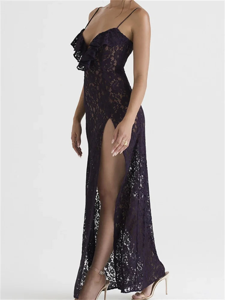 Lace Floral See Through for Women Sexy Sleeveless Strap V-neck Ruffles Patchwork High Split Vestidos