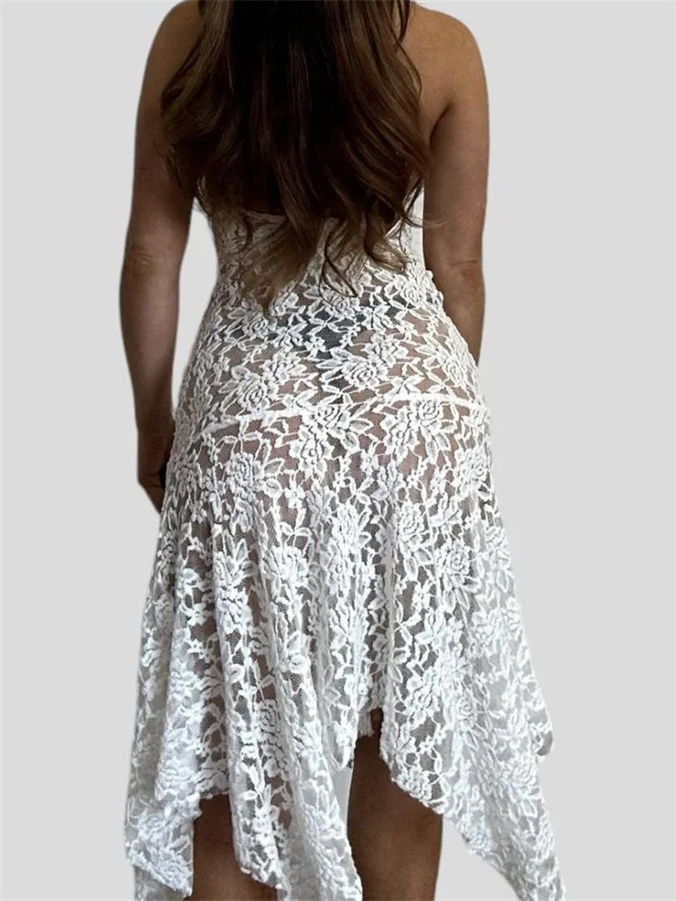 SeeThrough Party Halter Backless Off Shoulder Irregular Hem Midi Dress