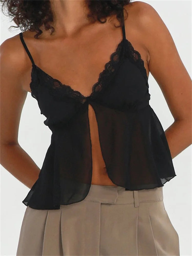 Lace Mesh See Through Patchwork Y2K Retro Women Sleeveless Strap Vneck Floral Print Front Split Vest Crop Top