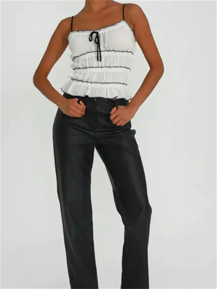 Retro Ruffles for Women Sleeveless Spaghetti Strap Backless Fairy Ruched Patchwork Laceup Vest Crop Top