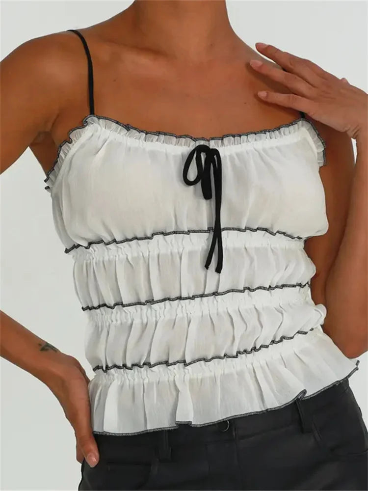 Retro Ruffles for Women Sleeveless Spaghetti Strap Backless Fairy Ruched Patchwork Laceup Vest Crop Top