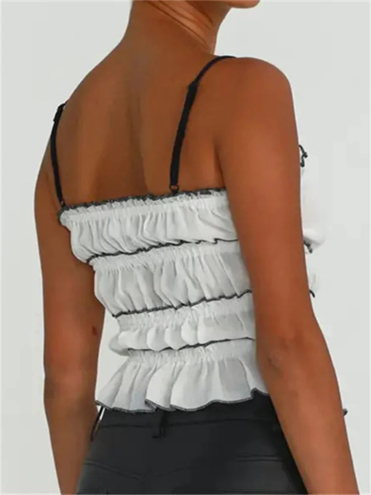 Retro Ruffles for Women Sleeveless Spaghetti Strap Backless Fairy Ruched Patchwork Laceup Vest Crop Top