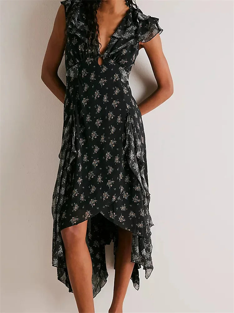 Retro Women Summer Casual Floral Print Ruffles Sleeveless V-Neck Fashion Holiday Beach Vestidos