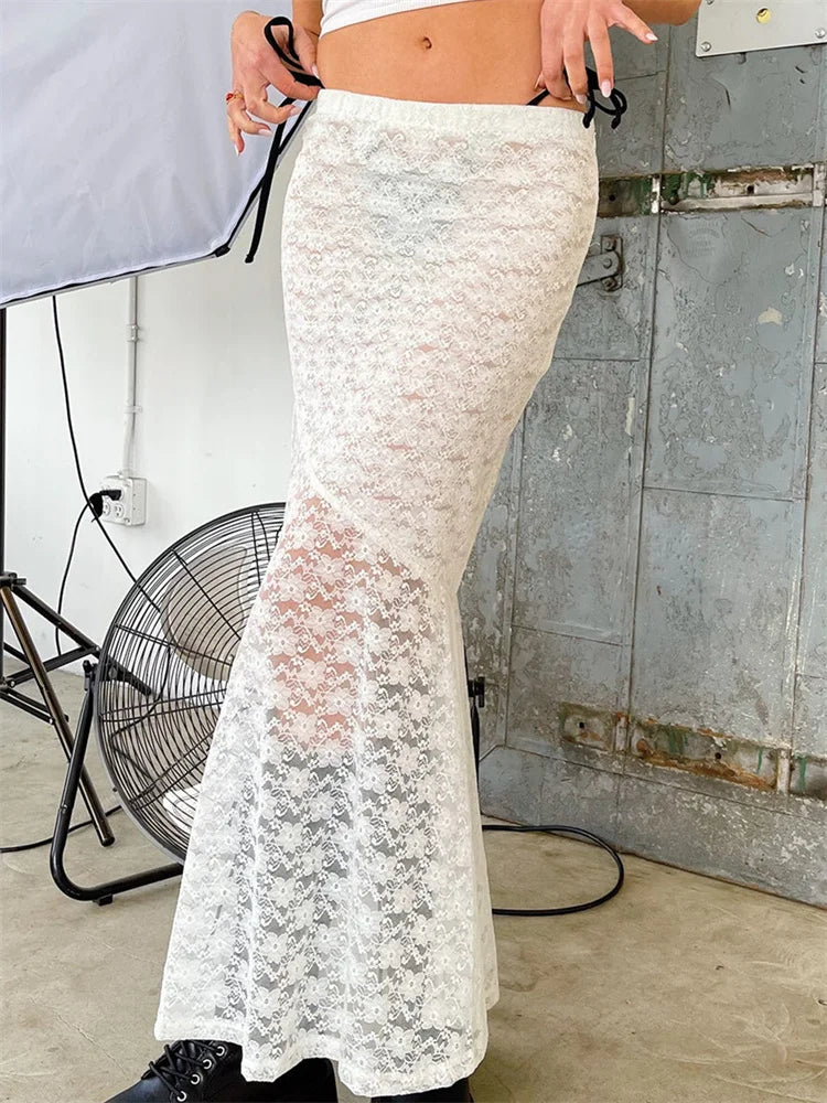 Y2K Grunge Lace Mesh See Through Bow Tie Long Skirt WHITE / S skirt-250126