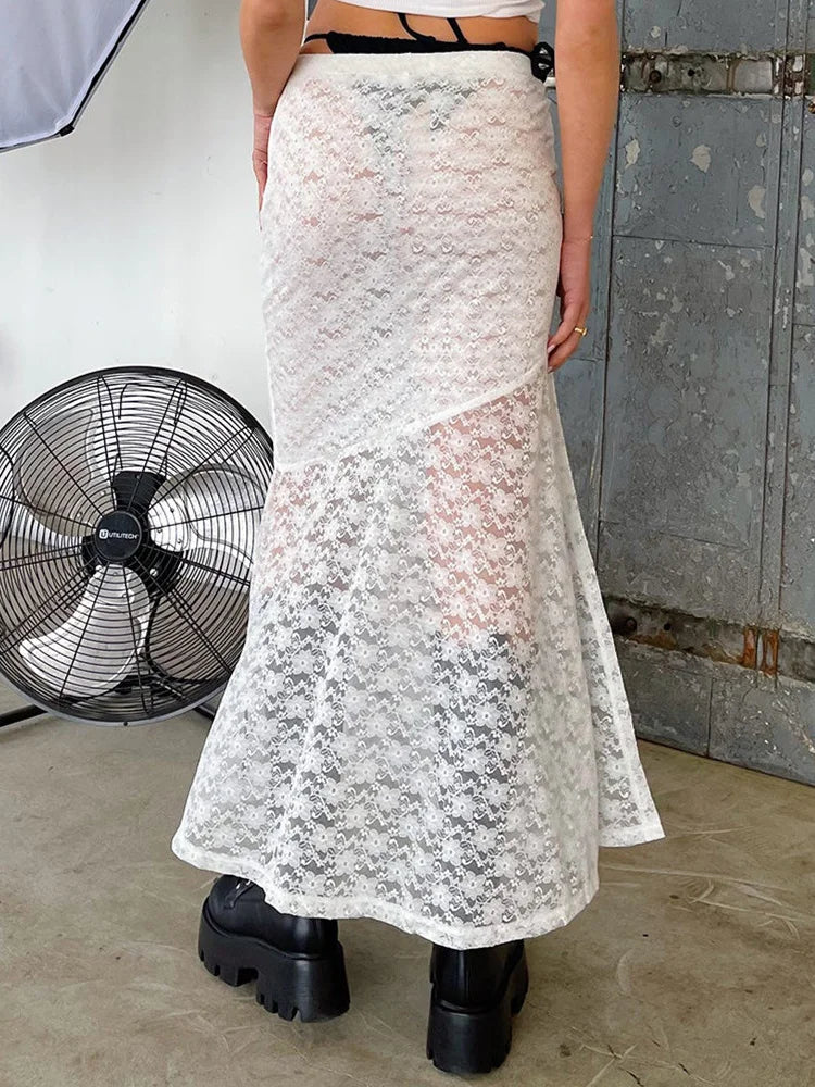 Y2K Grunge Lace Mesh See Through Bow Tie Long Skirt