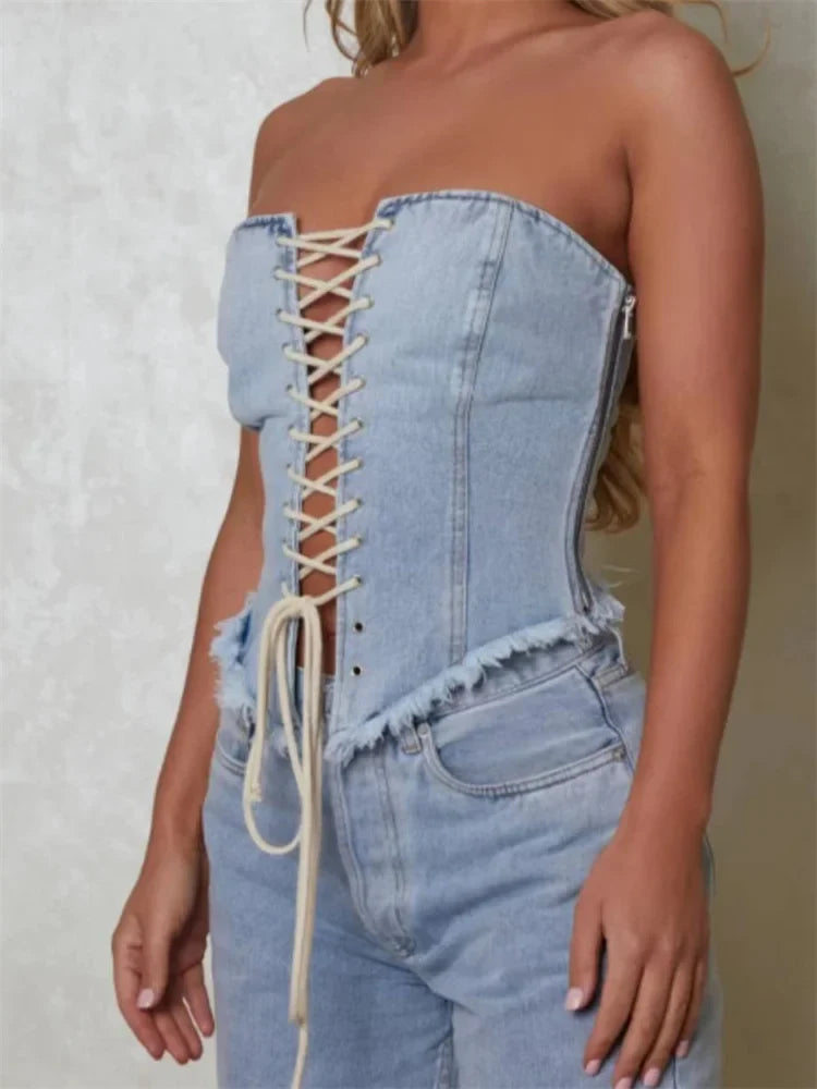 Sexy Bustiers Corsets Summer Party Clubwear Women Strapless Off Shoulder Crisscross Tieup Irregular Hem Vests Crop Top