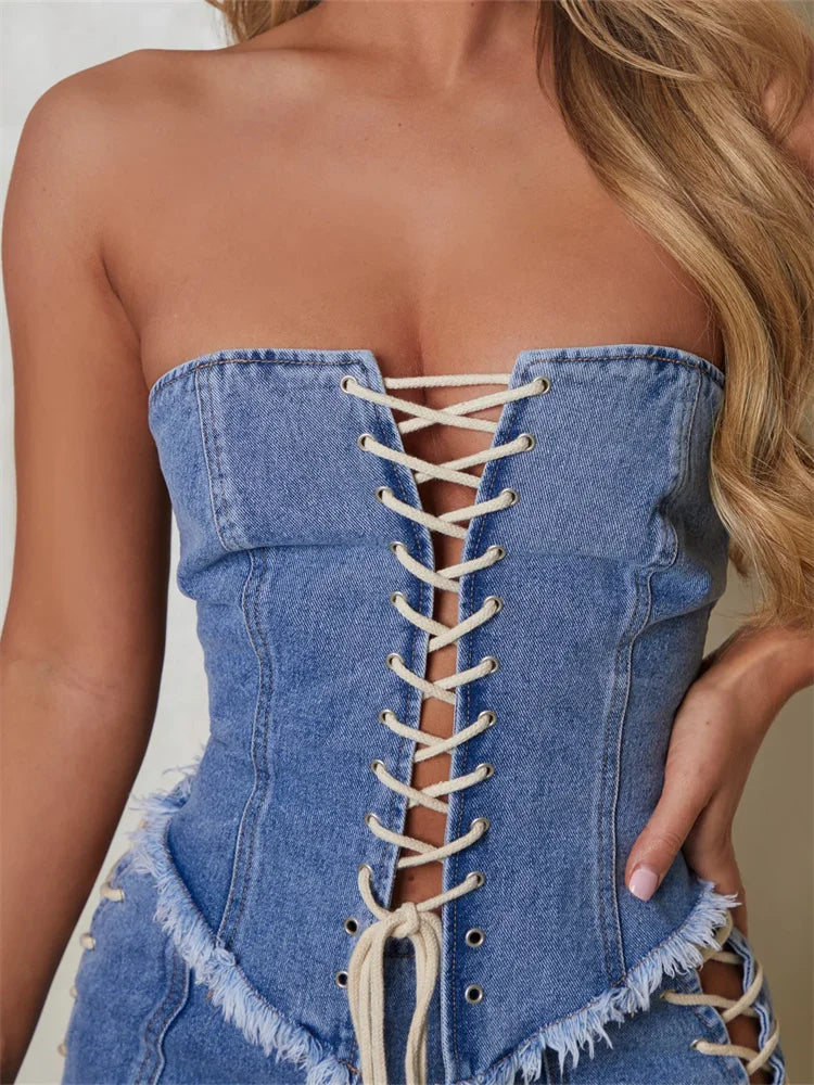 Sexy Bustiers Corsets Summer Party Clubwear Women Strapless Off Shoulder Crisscross Tieup Irregular Hem Vests Crop Top