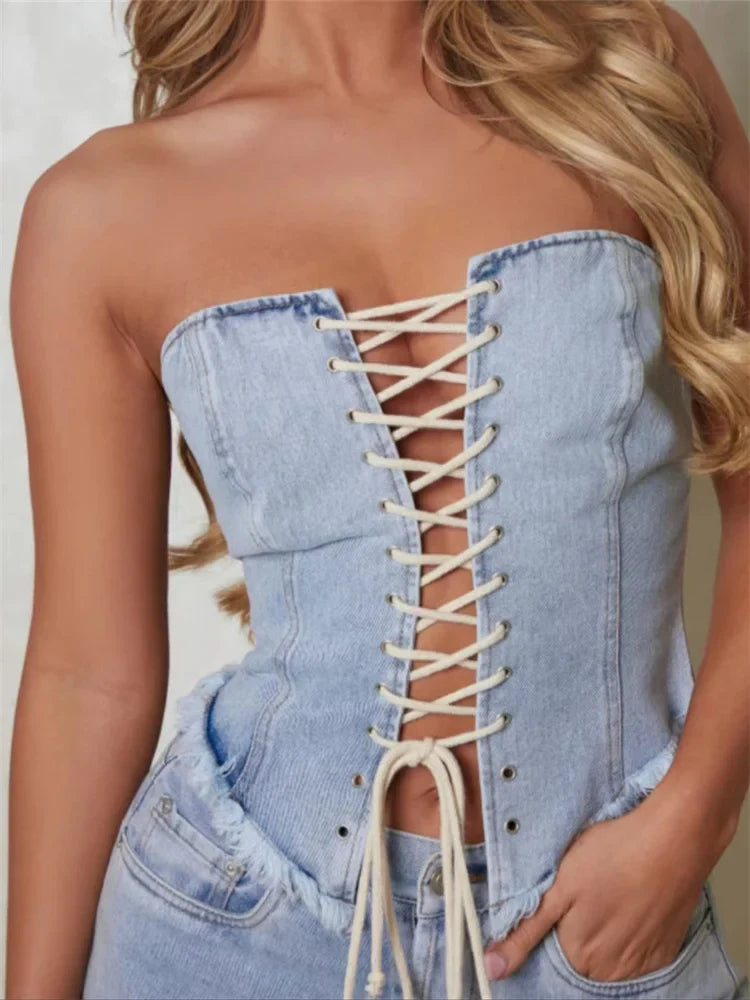 Sexy Bustiers Corsets Summer Party Clubwear Women Strapless Off Shoulder Crisscross Tieup Irregular Hem Vests Crop Top